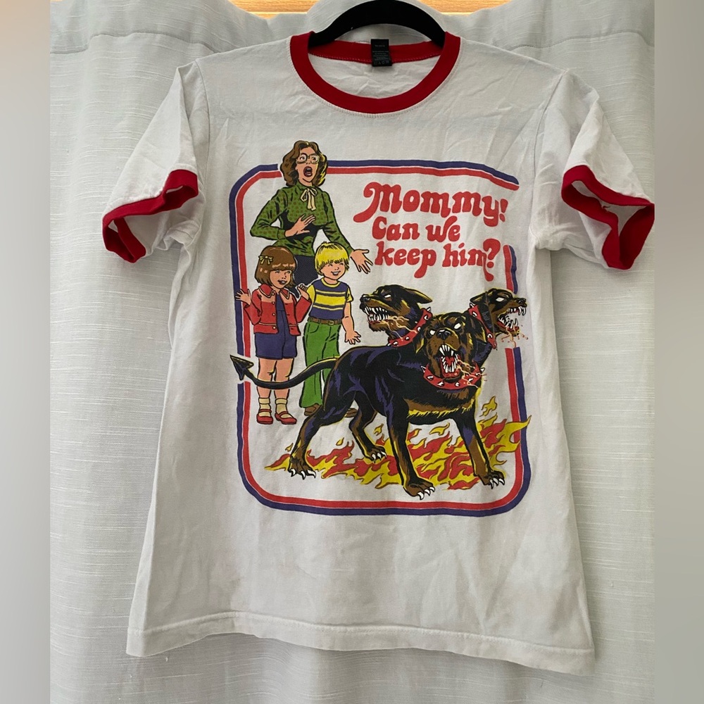 Tultex ringspun cotton Halloween shirt mommy can we keep him dog shirt small